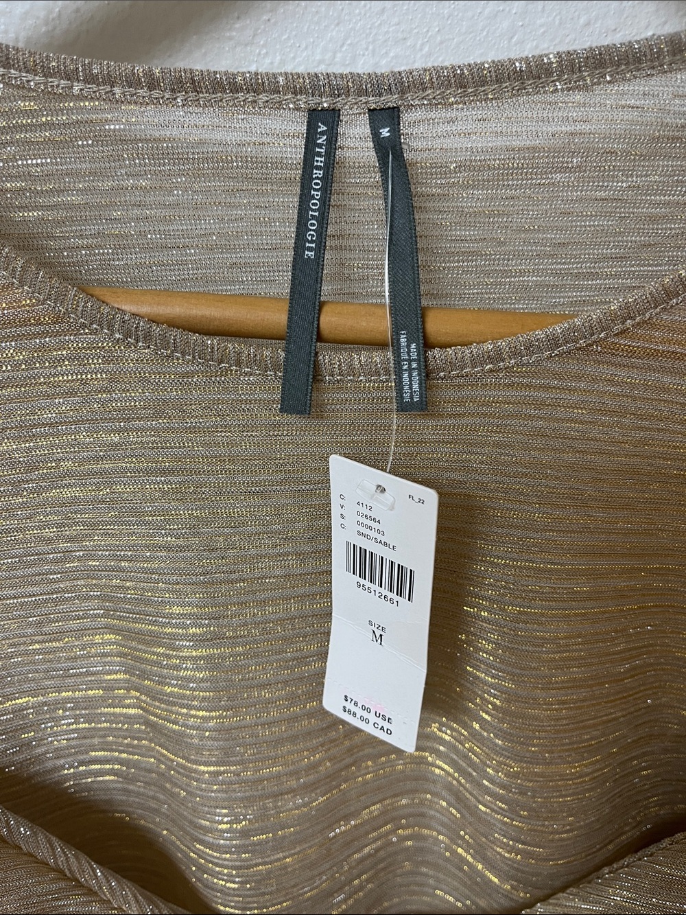 Anthropologie Shimmery Gold Long-Sleeve Twist Front Top women’s size M, NWT - Picture 2 of 3